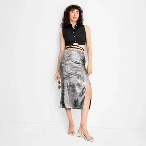 NWOT - Lightweight Silver Midi Skirt with Side Slit and Elastic Waist